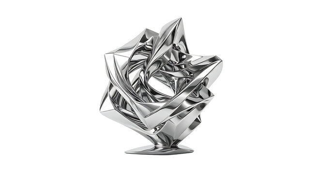 Abstract chrome sculpture with sharp geometric edges and a reflective metallic surface, isolated on a white background, for concepts
