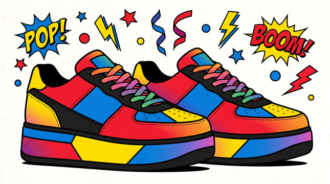 Vibrant pop art sneakers vector illustration, showcasing colorful retro footwear with energetic comic-style elements, dynamic hues, and playful fashion design