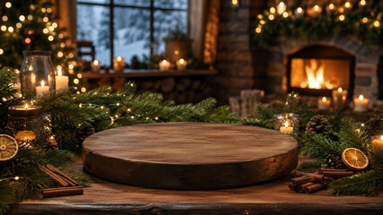 Fototapeta premium Wooden Product Podium in Cozy Christmas Room with Fireplace and Greenery