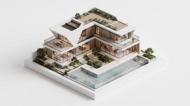 Contemporary multi-level luxury home concept showcasing sophisticated architectural design, expansive outdoor living spaces, and an inviting swimming pool