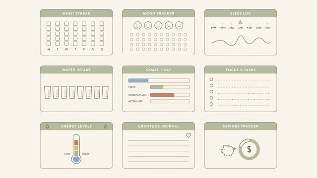 Collection of flat ui icons representing habit tracking mood logging and daily goal management tracker sleep log water