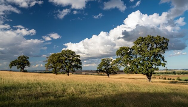 Landscape With Oak Trees And Fast Moving Cumulus Clouds