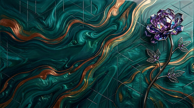 Crystal Purple Rose On Emerald Green Gold Marble Background