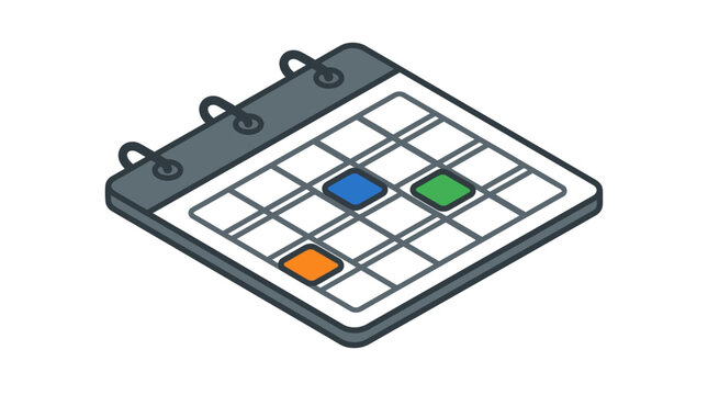 A simple isometric illustration of a spiral bound wall calendar with colorful marked dates