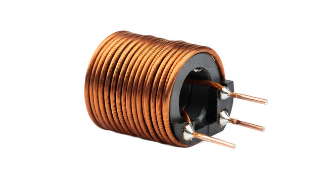 An electronic inductor component with copper wire wound around a dark core, featuring three metal pins for circuit board mounting on white