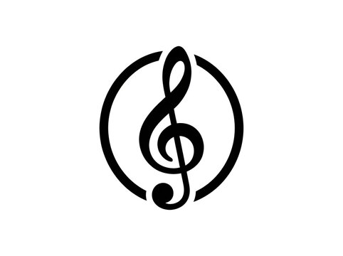 Black music icon with treble clef on a white background.