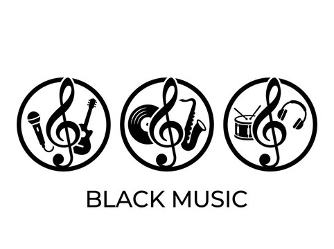Music icons with treble clef instruments and headphones on a white background.