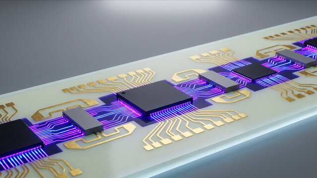 紫と青の光が流れる超伝導量子コンピューター制御基板のマクロCG背景