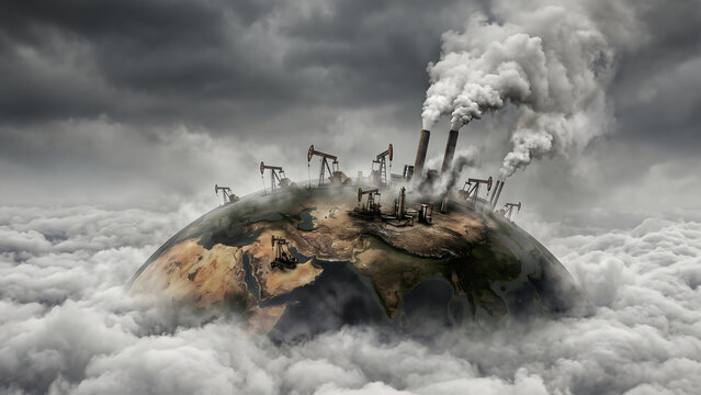 Surreal concept of polluted planet Earth suffering from global warming and industrial emissions