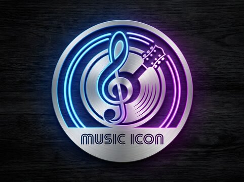 Neon music icon with guitar and treble clef on dark wooden background.