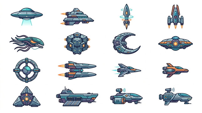 Collection of pixel art spaceships and alien spacecraft designs.