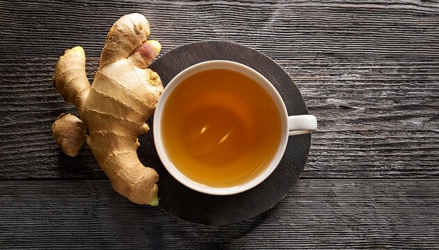 Cup Of Tea With Ginger Root On Grey Wooden Table