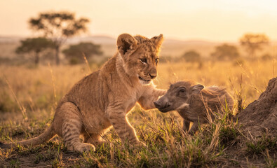 Fototapeta premium A cute lion cub gently hugs a lively boar cub.