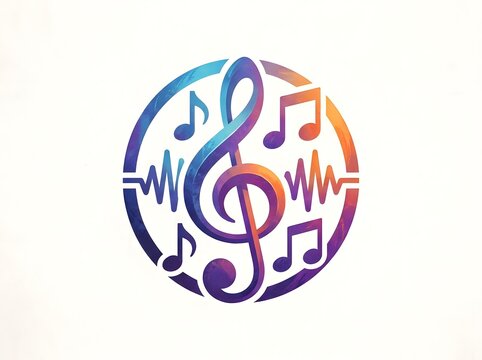 Colorful music icon with treble clef and notes abstract watercolor style.