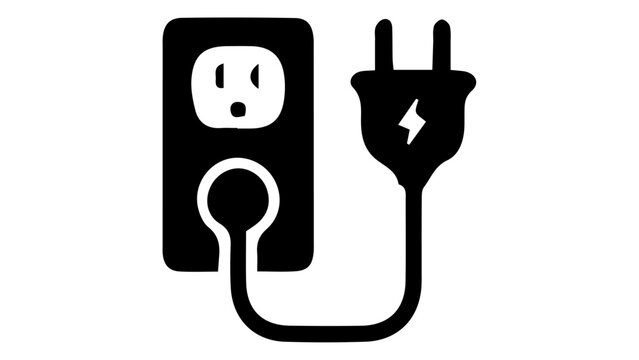 Electric plug and wall socket icon, black power connector vector illustration, electrical outlet with cable and lightning bolt symbol