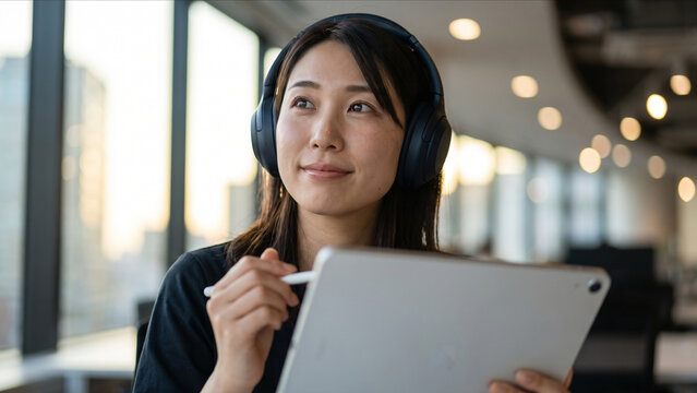 明るいオフィスでヘッドホンをしてタブレットとタッチペンを持ち微笑む若い日本人ビジネスパーソン