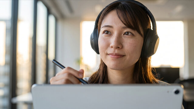 明るいオフィスでヘッドホンをしてタブレットとタッチペンを持ち微笑む若い日本人ビジネスパーソン