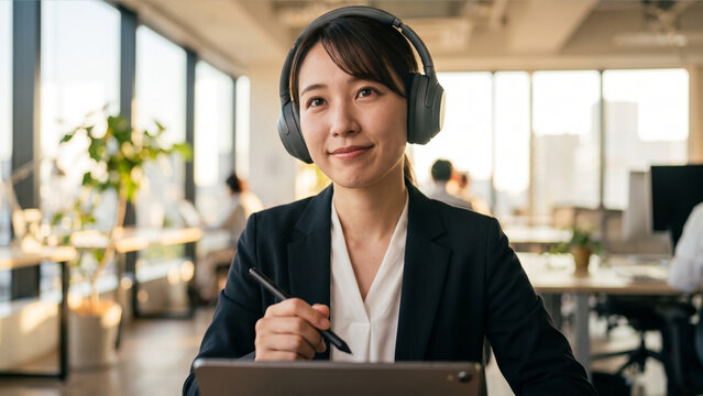 明るいオフィスでヘッドホンをしてタブレットとタッチペンを持ち微笑む若い日本人ビジネスパーソン