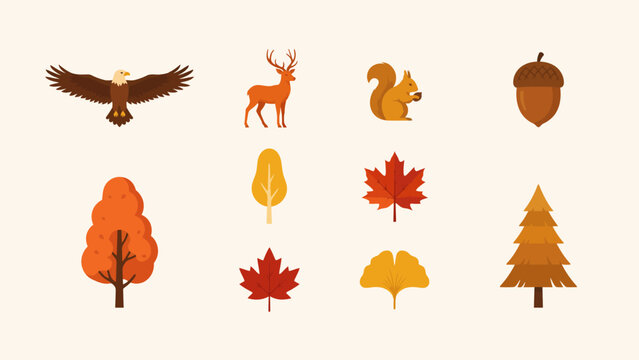 Autumn wildlife and foliage a flat vector illustration with warm autumnal colors fall foliage leaves deer buck eagle