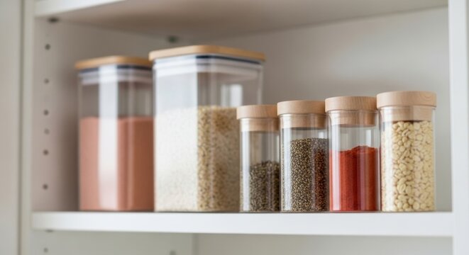 Clear glass storage jars with wooden lids filled with various dry food ingredients organized neatly on a white kitchen pantry shelf