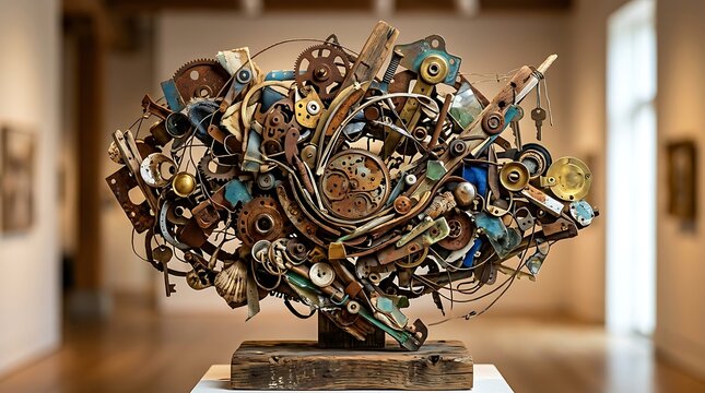 Abstract assemblage sculpture made from recycled metal and wood