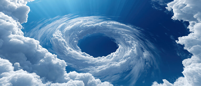 Swirling cloud vortex in blue sky with bright sunlight and dramatic low angle view