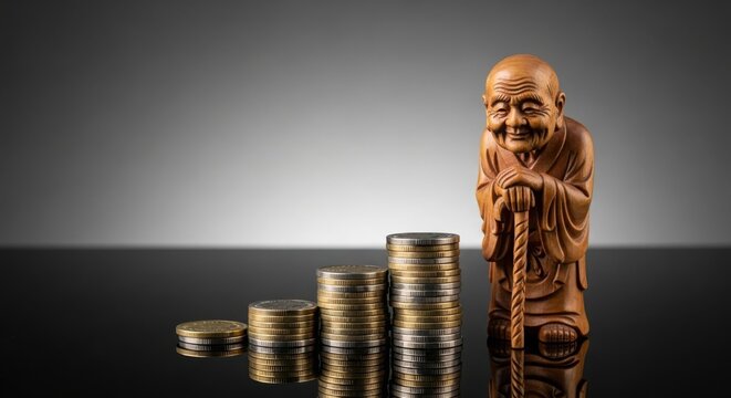 Old monk figurine standing next to a growing stack of gold coins illustration