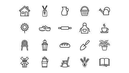 Fototapeta premium Collection of minimalist line icons representing home lifestyle gardening and countryside activities with transparent background