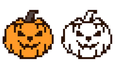Fototapeta premium Pixel Art Halloween Pumpkin Jack-o'-Lantern Set in Color and Line Art