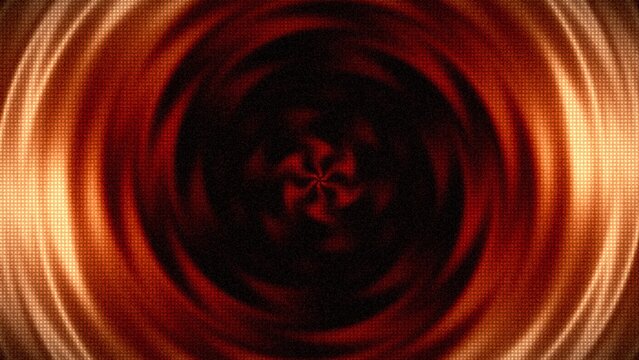 Abstract dark red and orange spiral design with pixelated texture and central motion blur.