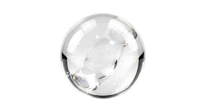 Single clear glass marble or crystal sphere with internal light reflections, isolated on a white background, for abstract and, science concepts