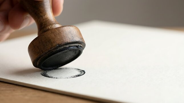 Hand stamping a document with a vintage wooden rubber stamp