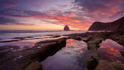 Obraz premium Wide Angle Shot Of A Vibrant Sunrise Over Jemberrs Rocky Coast With Pink Orange Skies Reflecting In Calm Tide Pools Creating A Majestic And Ethereal Coastal Landscape At Daybreak
