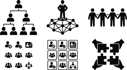 Naklejka premium Organizational and Teamwork Silhouette Icon Set with Collaboration Unity Leadership and Group Structure