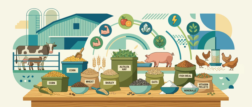Modern agricultural farm scene with livestock and feed supplies.
