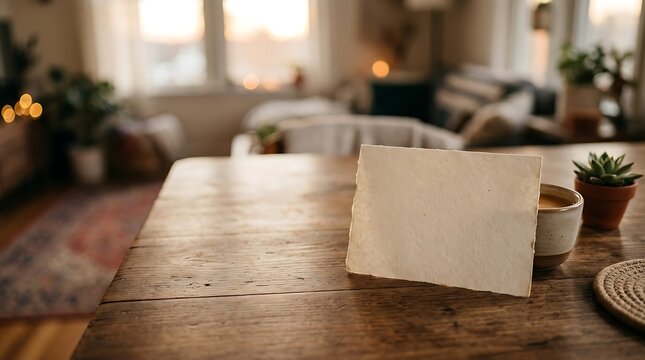 Blank textured card on a wooden table in a cozy room