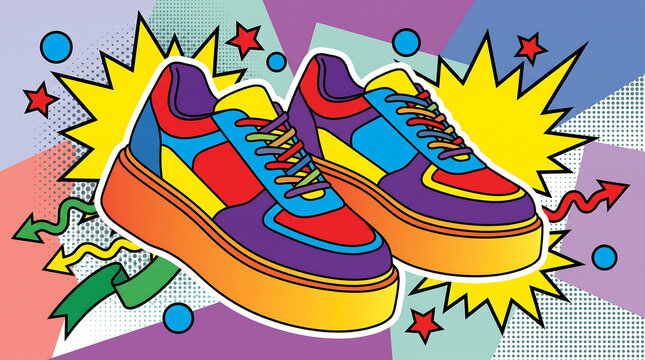 Vibrant pop art style colorful sneakers illustration with dynamic comic book background elements