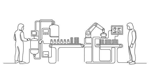 Continuous line drawing of an automated pharmaceutical manufacturing process with operators.