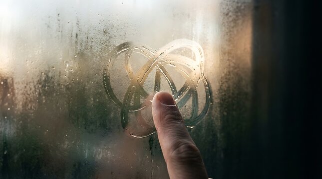 Finger drawing an abstract shape on a fogged window at sunset