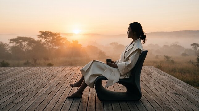 Woman Contemplating Sunrise From Wooden Deck Overlooking Misty Landscape