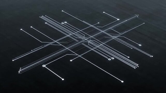 An animation of glowing white circuit lines and nodes expanding on a dark surface, symbolizing digital data flow and the activation of a futuristic processor core.