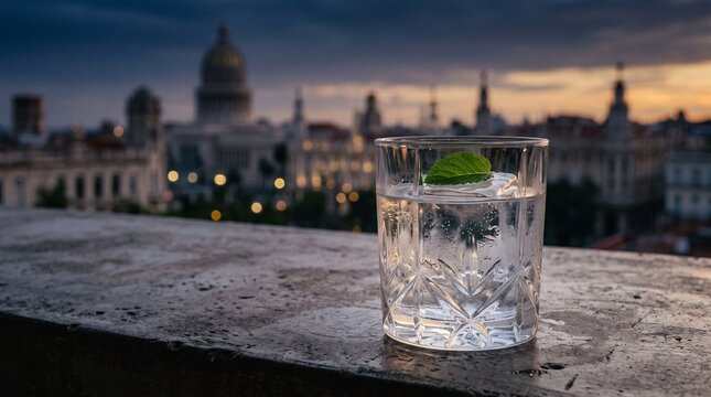 Refreshing Cocktail with Mint Overlooking Historic City