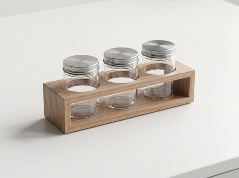 Wooden spice rack with glass jars