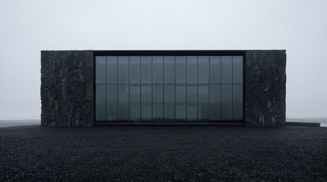 Modern Glass Building Emerging from Black Stone Cliffs