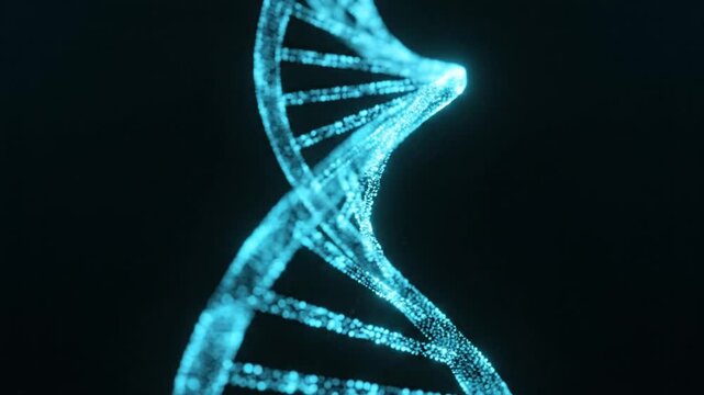 A luminous blue digital DNA double helix rotates gracefully against a dark background, showcasing intricate particle details in a scientific animation.