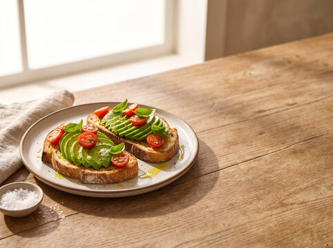 Avocado toast with cherry tomatoes and basil on wooden table