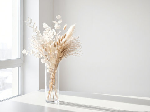Dried flowers in glass vase on table by window