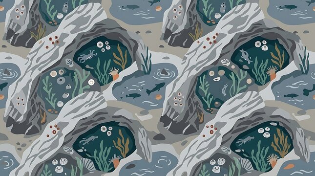 Rocky tidepool seamless pattern with marine life and fish