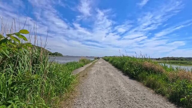 Cinematic shot of a quiet Japan riverside walking trail