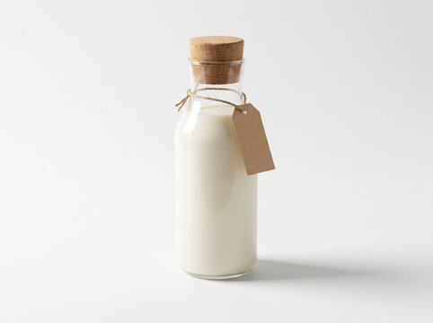 Glass milk bottle with cork and paper tag mockup